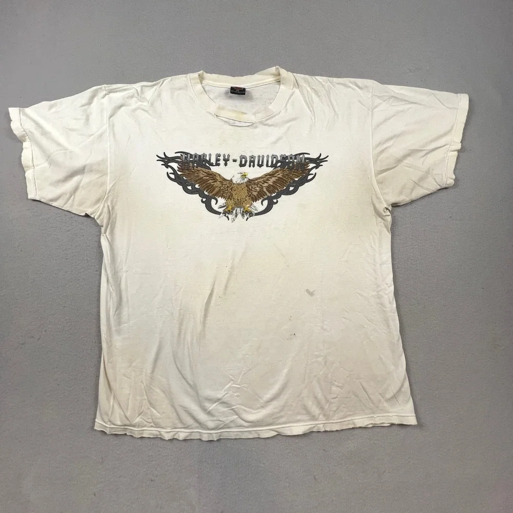 Harley Davidson T-Shirt Mens 2XL White Eagle Glendale CA Thrashed Biker Vintage